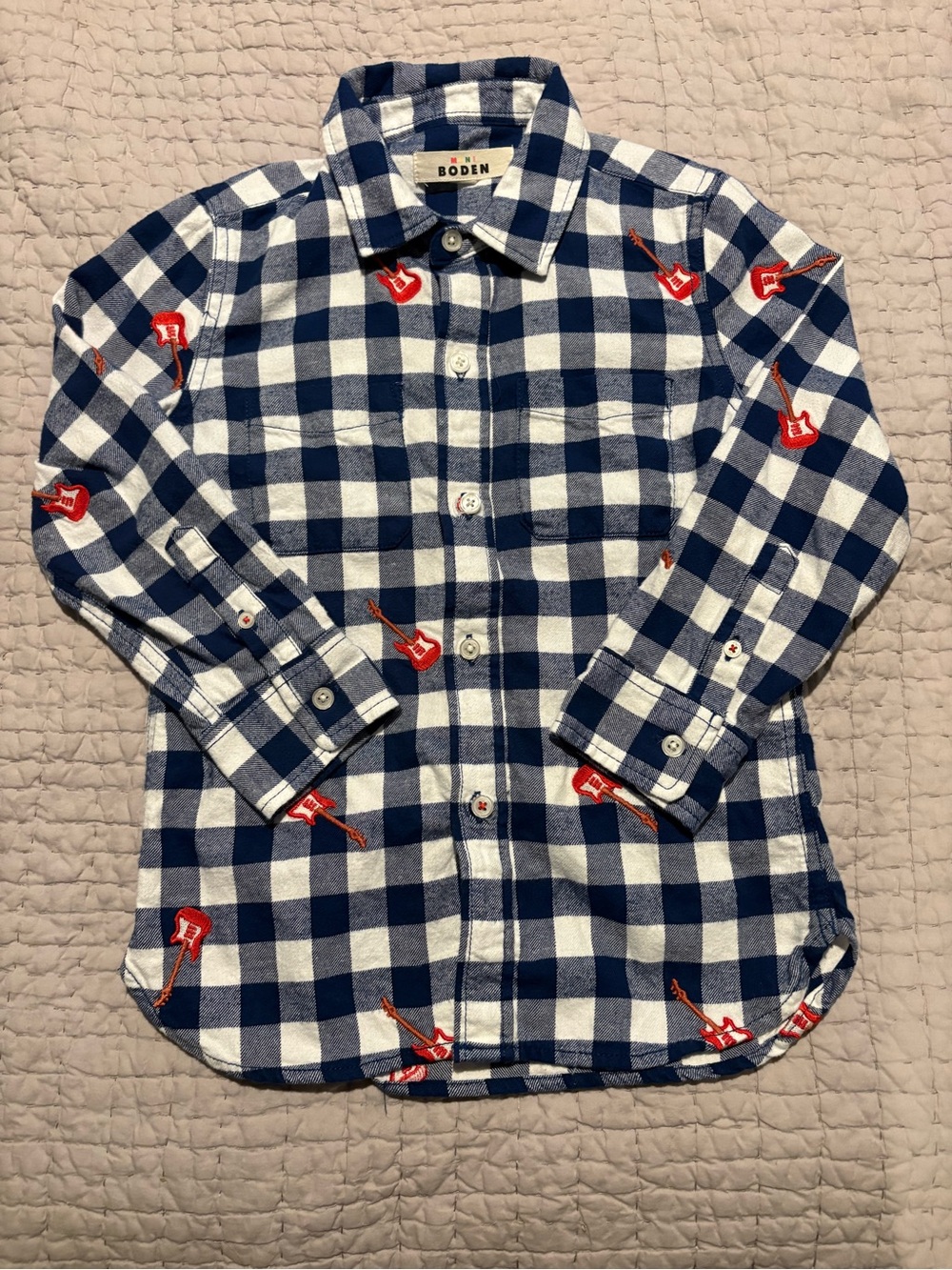 Mini Boden 6-7 Y Guitar Flannel Button Down Shirt 100% Cotton Blue and White